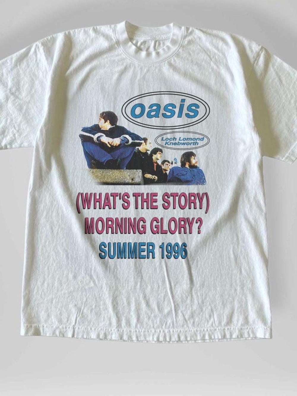 Gildan White Oasis Tour Tee with Blue and Pink Graphics